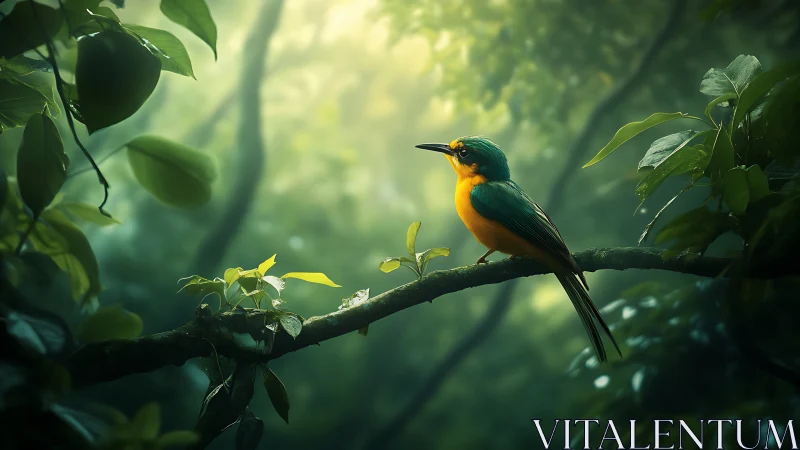 Emerald songbird rests in misty rainforest light beam