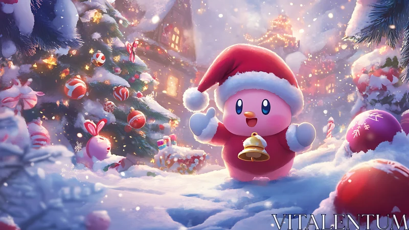 Pink character in Santa outfit stands in snowy ornamented yard