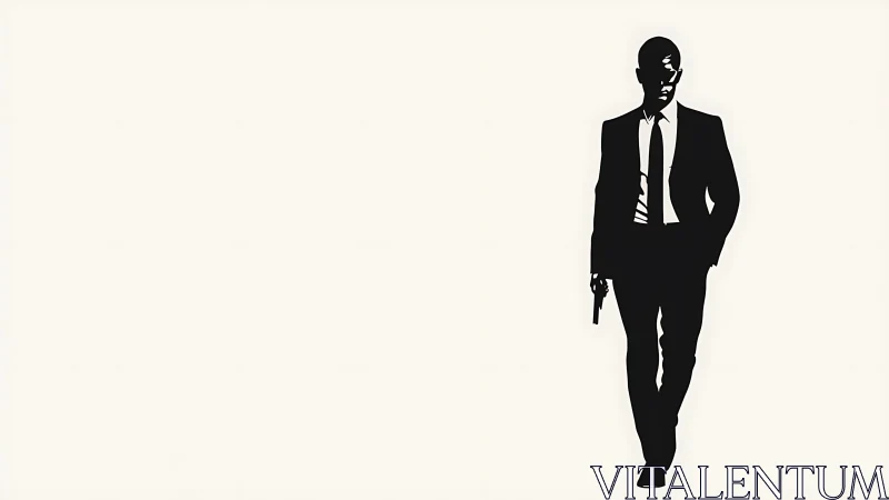 Silhouetted agent in tailored suit with handgun on void field.