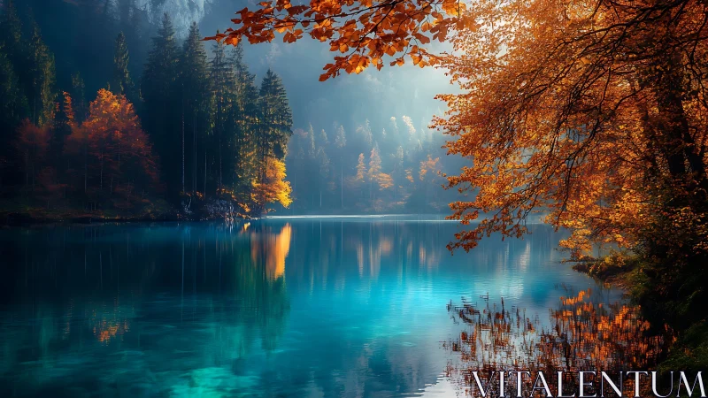 Tranquil turquoise lake embraced by glowing autumn forest.