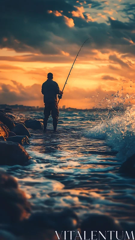 Backlit shore angler with surf spray at dramatic sunset sky