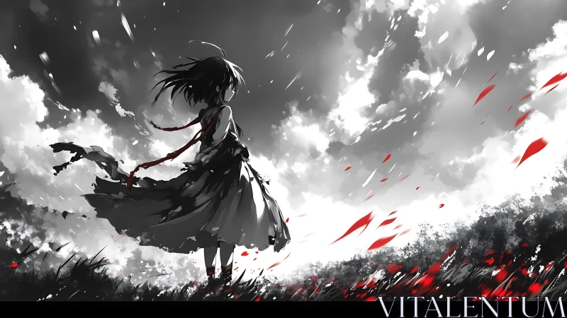 Scarlet petals ride stormlight as the lone girl faces sky