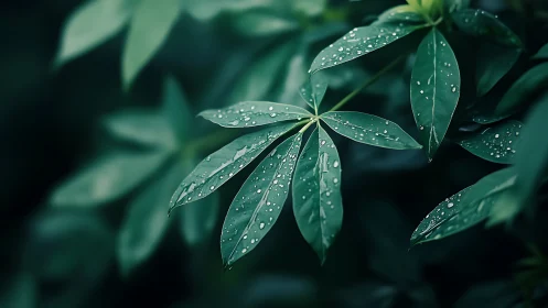 Water droplets rest on narrow green leaves in shallow focus