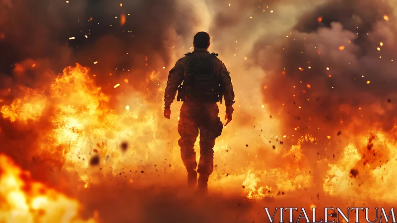 Silhouetted figure advancing through inferno environment