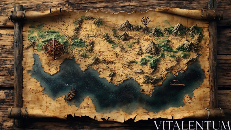 Fantasy coastal kingdom map on aged parchment scroll.