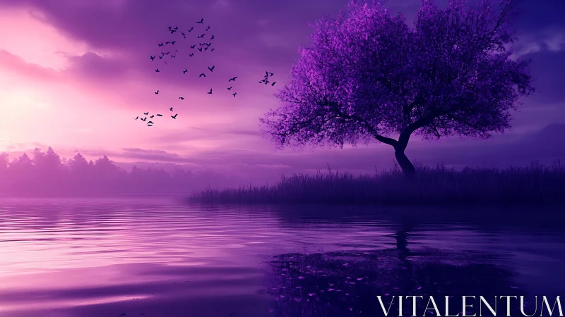 Dreamy purple lakeside tree glowing in gentle twilight.