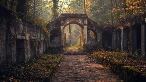 Autumn light haunting an ivy-clad ruined forest arcade.