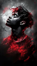 Portrait silhouette ignites with red smoke and shadow contrast.