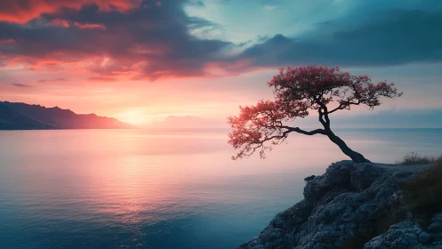 Solitary blossom tree crowns tranquil sunset coastline.