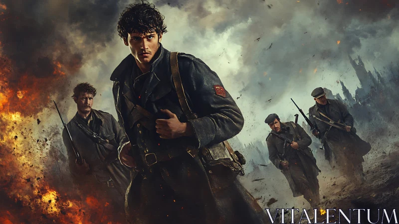 Young soldiers advance through a burning war torn battlefield