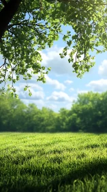 Sunlit park meadow under a gentle canopy of spring leaves.