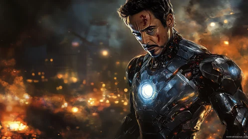 Armored hero stands defiant amid glowing urban ruins.