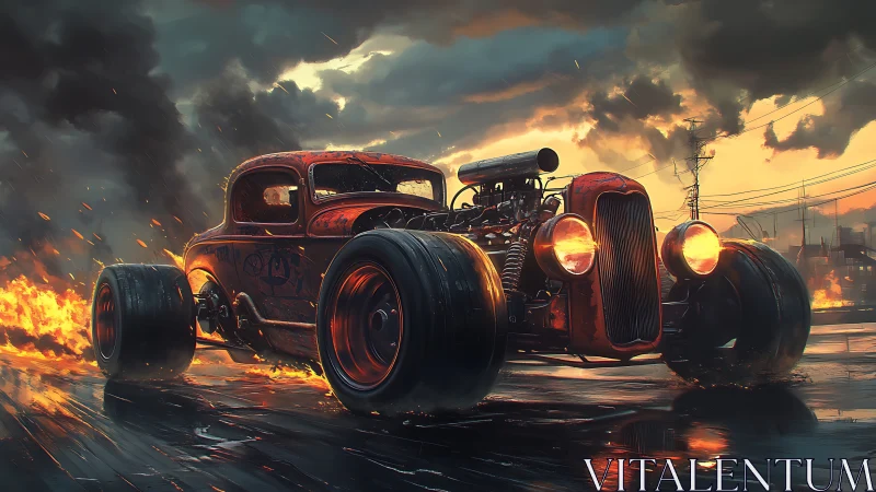 Roaring hot rod racing through a storm lit by city fire.