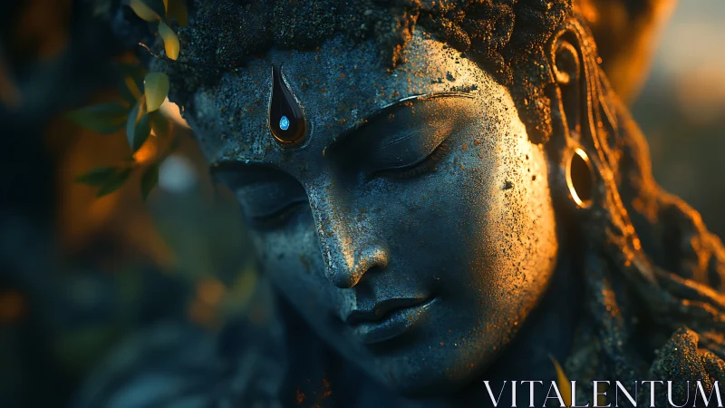 Weathered stone deity portrait in teal and amber bokeh lighting.