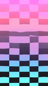 Gradient warped checkerboard grid with soft chromatic transition bands