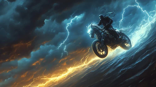 Stormrider astride a lightning-forged cyber horse at dusk.