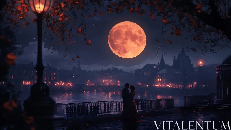 Crimson Moon Romance: Silhouetted Lovers Under Enchanted Glow