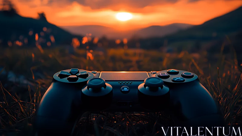 Photoreal controller close-up at sunset with cinematic depth of field.