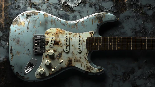 Relic-style electric guitar on textured dark surface.