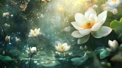 Iridescent lotus blossoms over misted pond in diffuse light