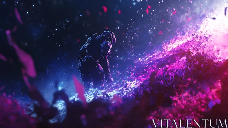 Solitary armored figure in luminous pink and blue field.