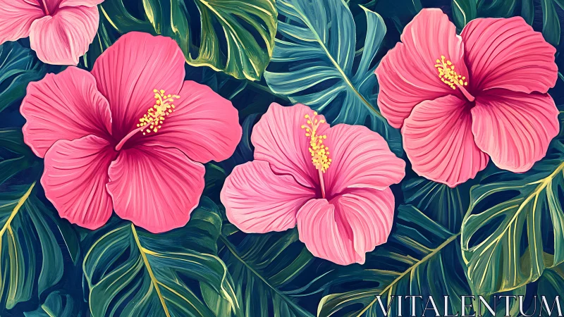 Pink hibiscus flowers with detailed petals against dark tropical foliage