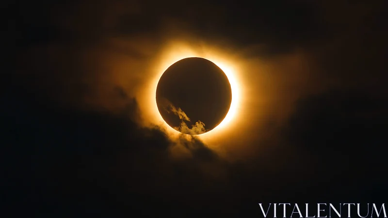 Solar eclipse corona encircling dark lunar silhouette.
