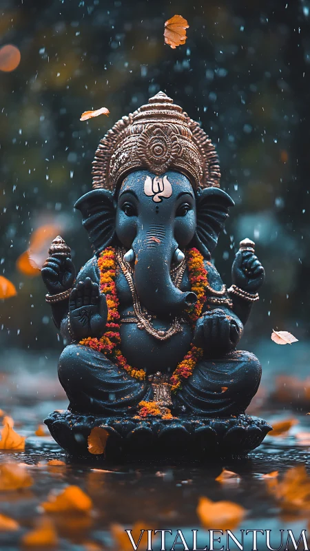Ganesh statue sits in rain with shallow depth of field