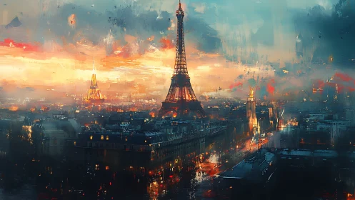 Impressionistic Paris skyline renders Eiffel Tower in luminous dusk