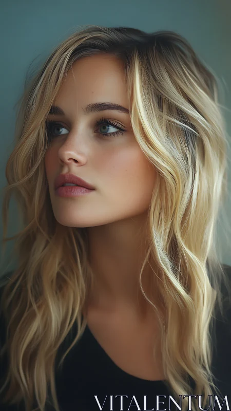 Soft light on thoughtful blonde portrait, quiet and serene.