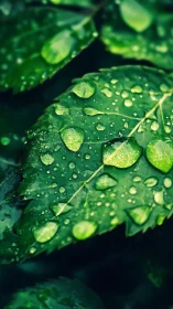 Close-up raindrops on deep green leaf surface in focus.