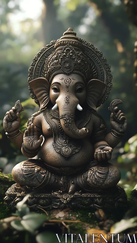Intricately carved Ganesha statue with high-relief ornamentation in forest