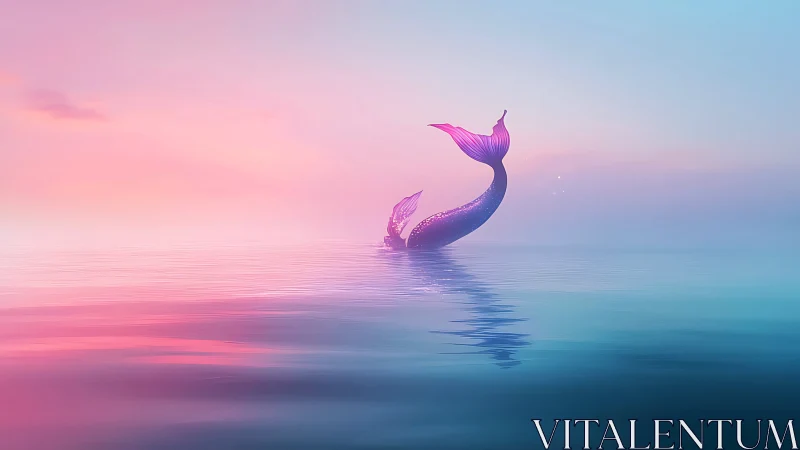 Mermaid tail rising in pastel pink and blue ocean horizon.