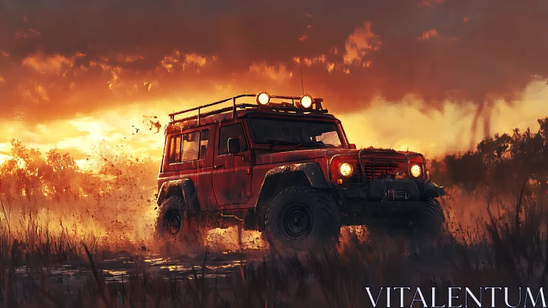 Digital off-road cruiser at dusk in cinematic brushwork.