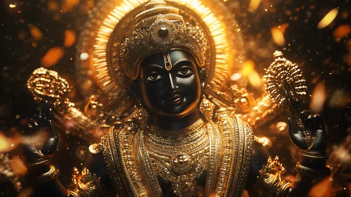 Radiant black stone deity glows in cascading golden light.