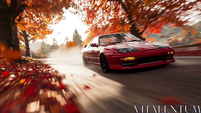 Red sports coupe drifts through autumn forest with dynamic blur