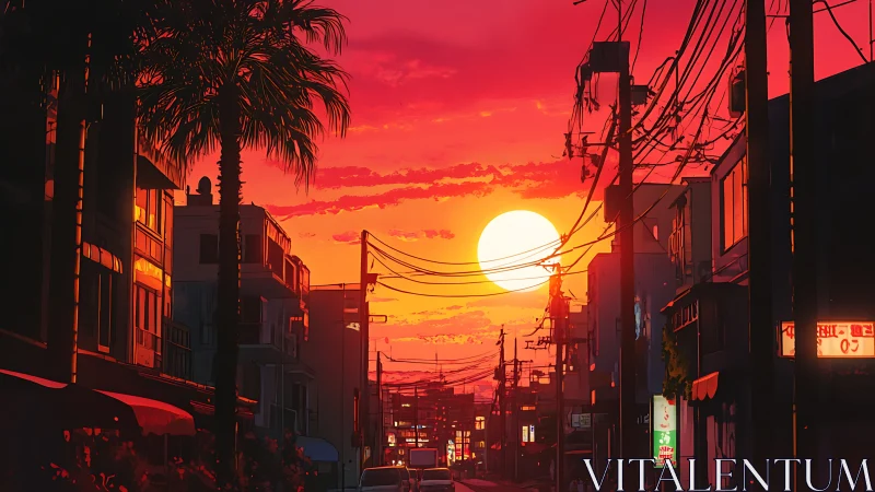Neon-tinted coastal street recedes beneath hyperreal sunset