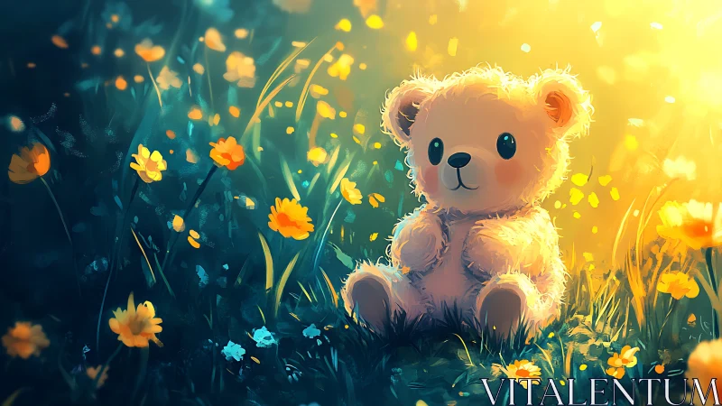 Teddy bear sitting in sunlit flower meadow at golden hour.