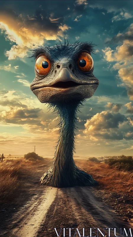 Elongated ostrich-like bird rendered with hyperreal feather detail