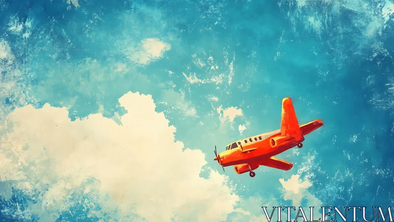 Vivid orange propeller aircraft rendered against textured cyan sky