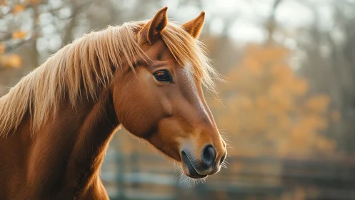 Chestnut horse stands in profile with soft autumn background