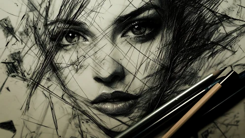 Expressive graphite portrait with abstract linear structure.