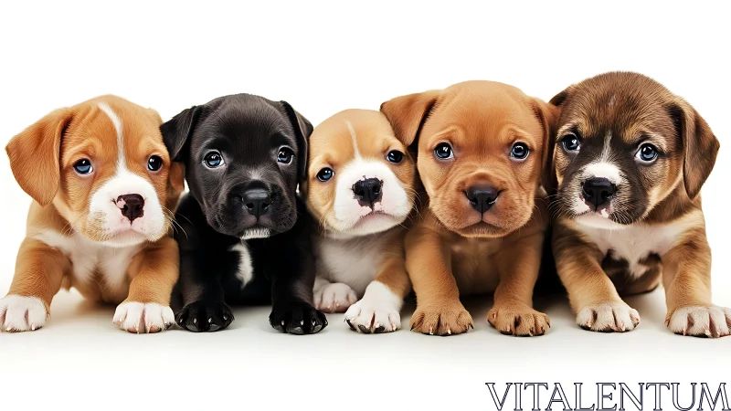 Symmetrical lineup of five short-coated puppies under soft studio lighting