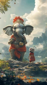 Elephantine divine-child avatar and devotee in lush valley.