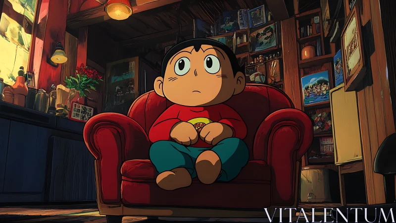 Anime child in red armchair within cluttered wooden attic room