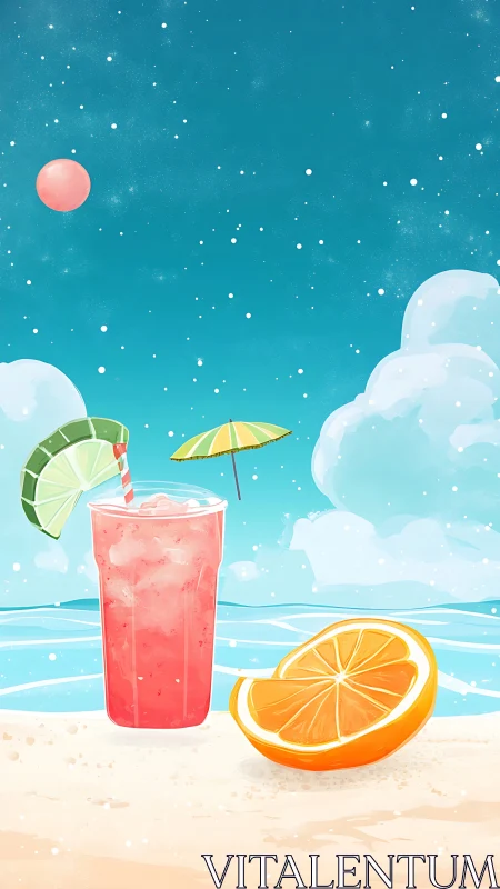 Summer Beach Cocktail with Citrus and Umbrella Against Tropical Sky