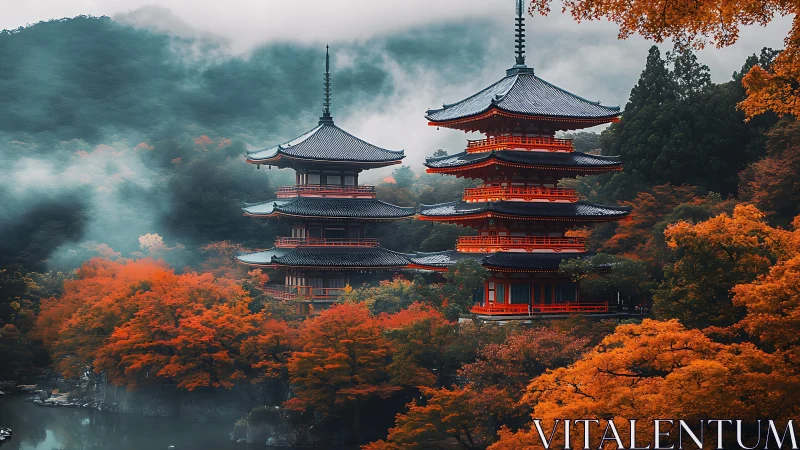 Photorealistic twin pagodas in misty autumn valley composition.