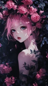 Rose crowned girl gazes back through shadowed petals.
