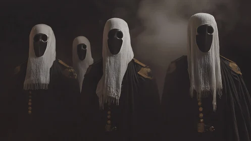 Hooded masked figures stand in smoky darkness wearing uniforms
