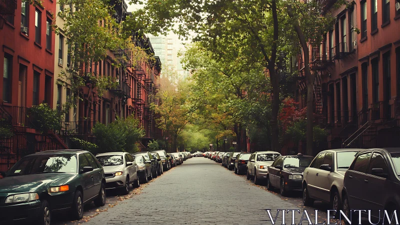 Tree lined city street with parked cars and brownstones.
